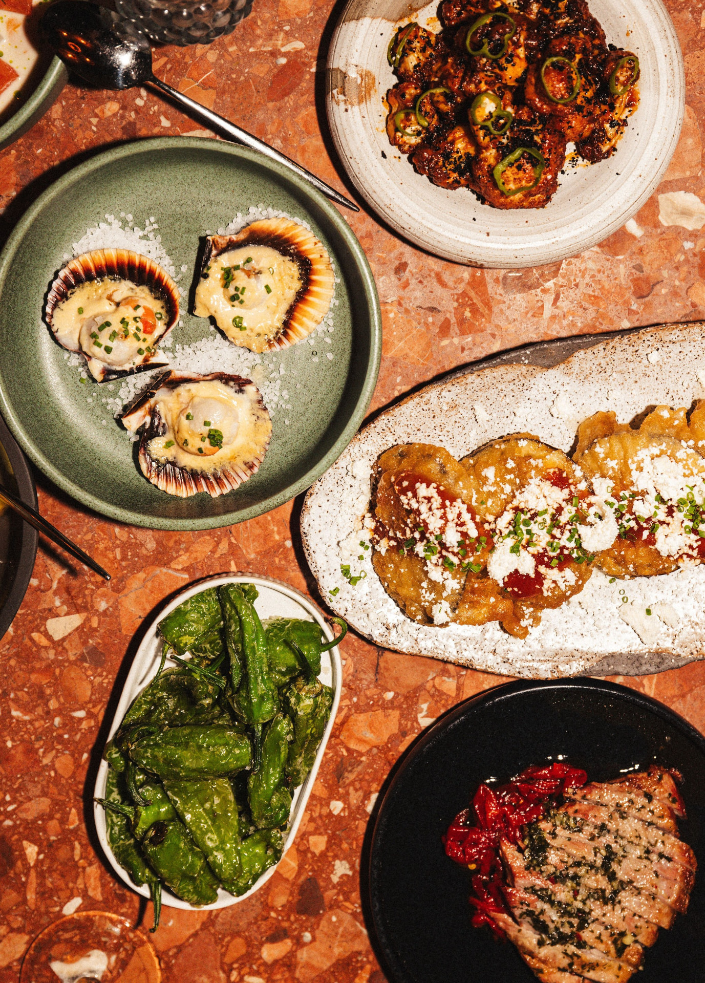 Tapasbord ovanifrån på terrazzo – kammusslor, blomkål, berenjena, padrón och presa